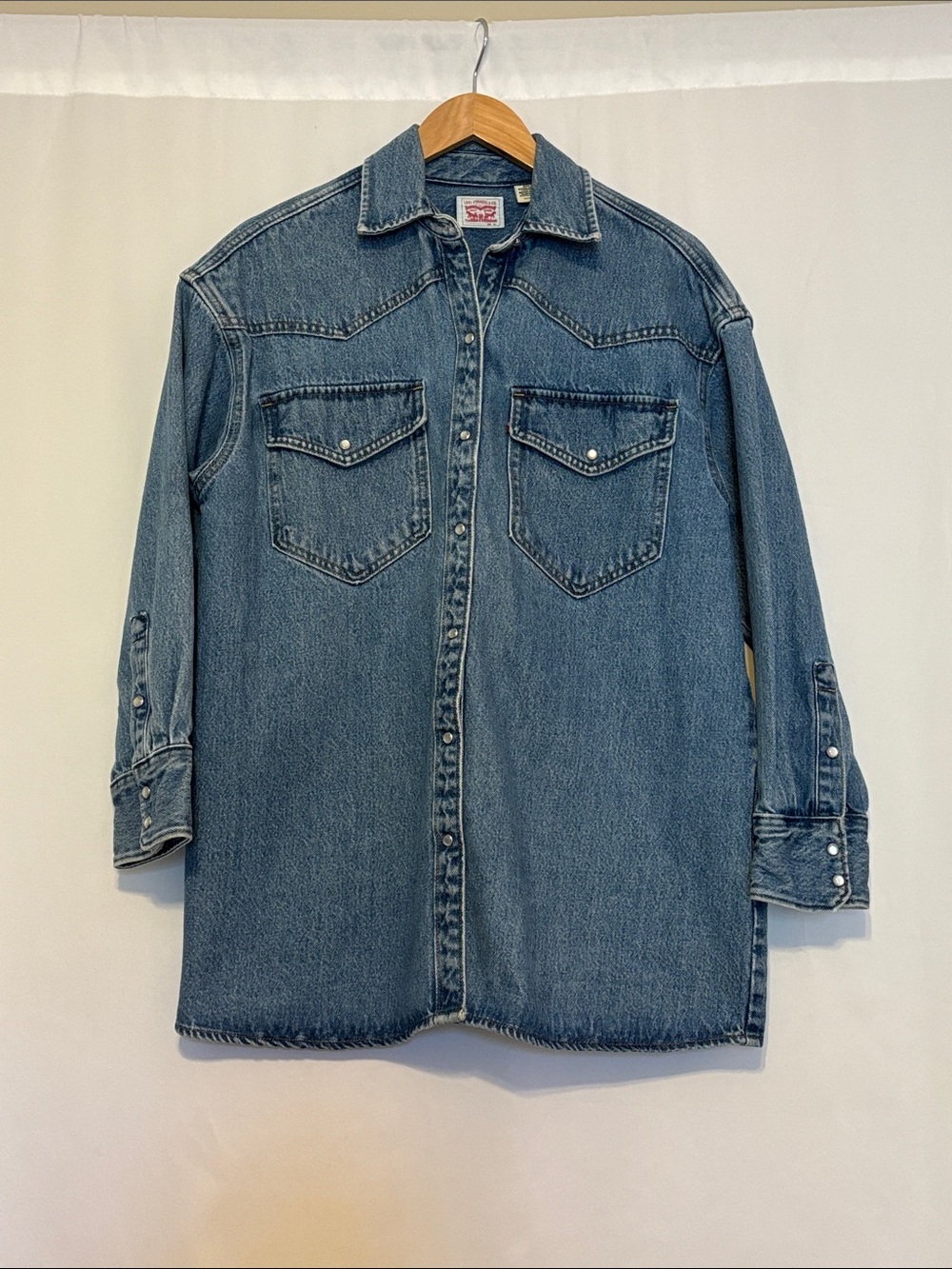 Levi's Denim Western Pearl Snap Shirt Oversized Blue Medium Wash XS